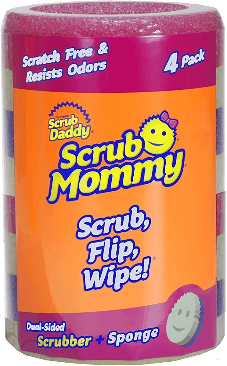 Scrub Mommy - Dual Sided Sponge & Scrubber, Soft in Warm Water, Firm in Cold, FlexTexture, Deep Cleaning, Dishwasher Safe, Multipurpose, Scratch Free, Odor Resistant, Ergonomic, 4ct roll