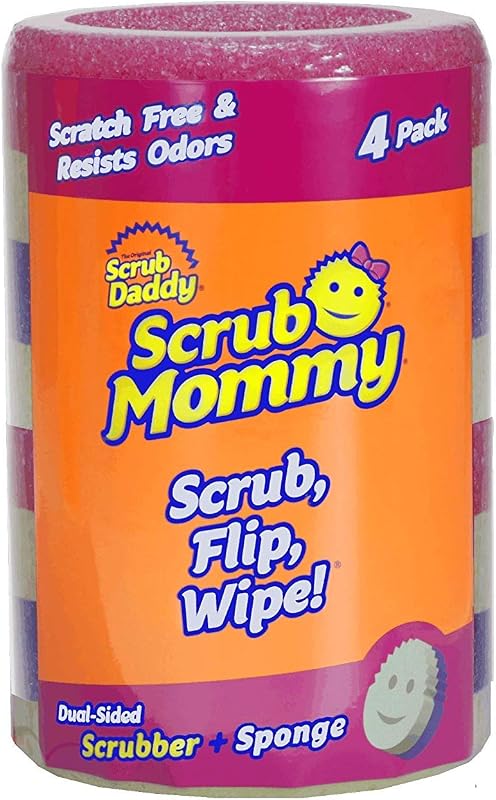 Scrub Mommy - Dual Sided Sponge & Scrubber, Soft in Warm Water, Firm in Cold, FlexTexture, Deep Cleaning, Dishwasher Safe, Multipurpose, Scratch Free, Odor Resistant, Ergonomic, 4ct roll
