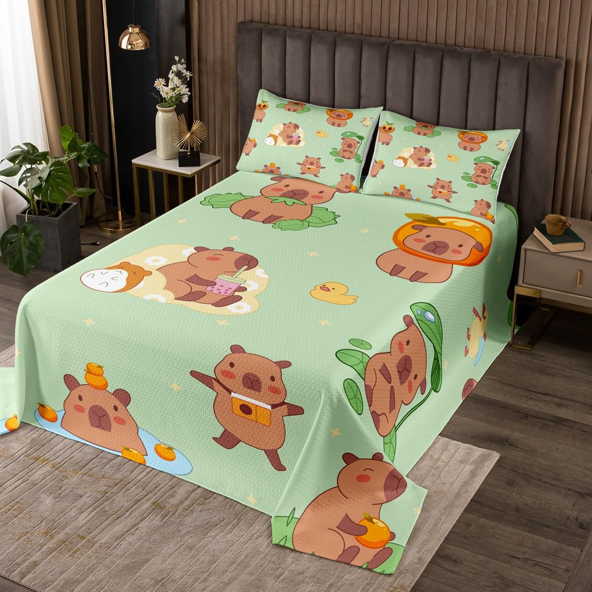 Manfei Capybara Kids Bedspread King Size,Cartoon Duck Lotus Leaf Orange Fruit Rustic Coverlet Set,Boys Girls Room Decor,South American Wild Animal Quilted Coverlet,Green Bedding Quilt,2 Pillowcases