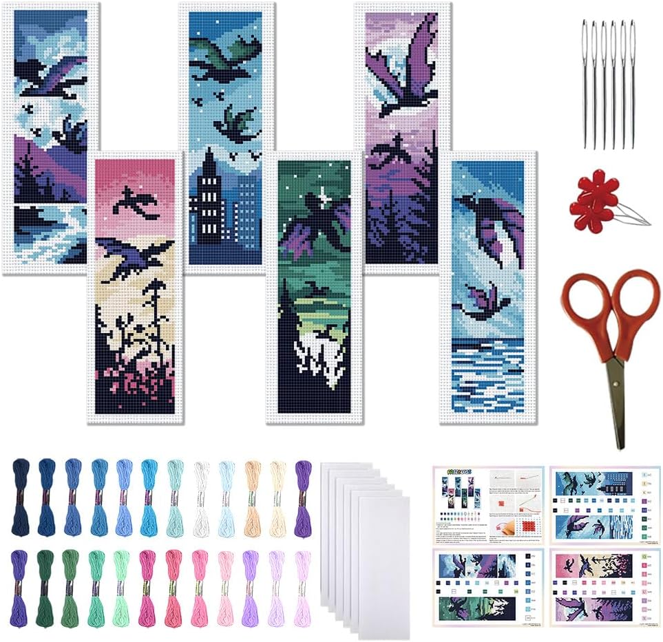 FREEBLOSS 6 Set Cross Stitch Bookmark Kit 11CT DIY Cross Stitch Kits Dragons and Nature Pattern Stamped Embroidery Kit with Instructions Bookmark Making Set for Adult Beginners 8x2.4inch