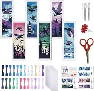 FREEBLOSS 6 Set Cross Stitch Bookmark Kit 11CT DIY Cross Stitch Kits Dragons and Nature Pattern Stamped Embroidery Kit with Instructions Bookmark Making Set for Adult Beginners 8x2.4inch