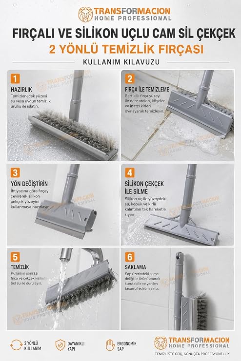 Transformacion Fırçalı ve Silikon Uçlu Cam Sil Çekçek 2 Yönlü Temizlik Fırçası – 35x22 cm | Süpürme ve Sıyırma Fonksiyonlu | Ergonomik Saplı 423698a