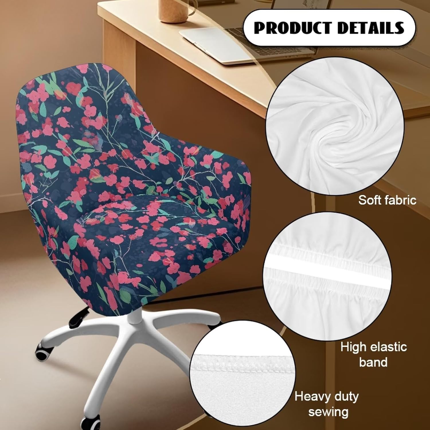 Retro Flower Leaf Print Swivel Accent Chair Slipcover Stretchy Fabric Office Chair Cover Wingback Armchair Protector Removable Non-Slip Decor for Living Room