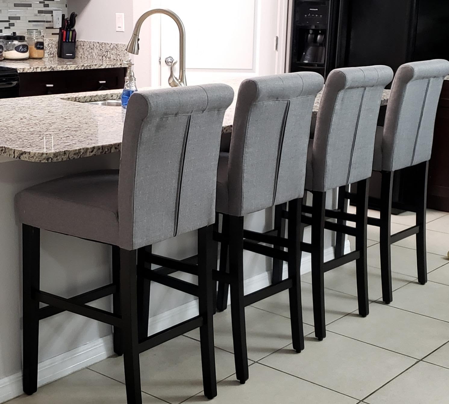 LSSBOUGHT 30 Inches Stylish Fabric Barstools, Kitchen Bar Chairs with Solid Wood Legs and Button-Tufted Back, Set of 4 (Gray)