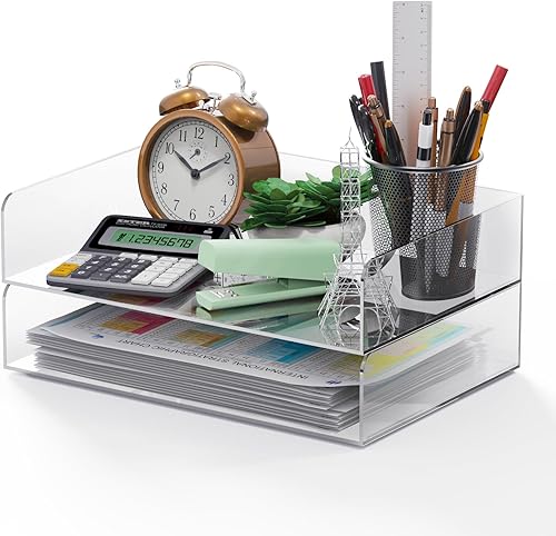 Bandeja de letras acrílica, organizador de papel transparente para escritorio apilable, organizador de oficina de acrílico de 2 niveles para