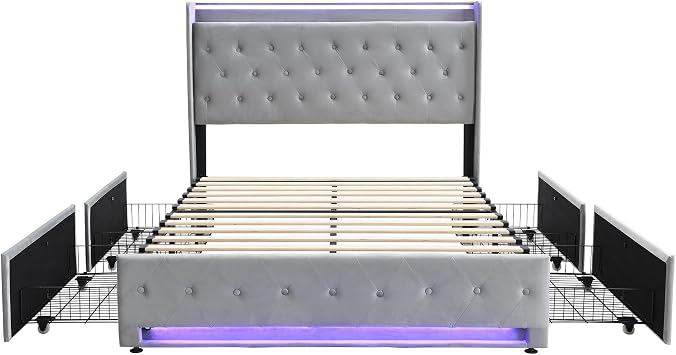 ModernLuxe LED Upholstered Bed 4ft6 Double Bed 135x190cm with Storage, Velvet Grey, Soft Backrest, 4 Drawers, Charging Socket, for Adults & Teenagers, Modern Design - NO Matress