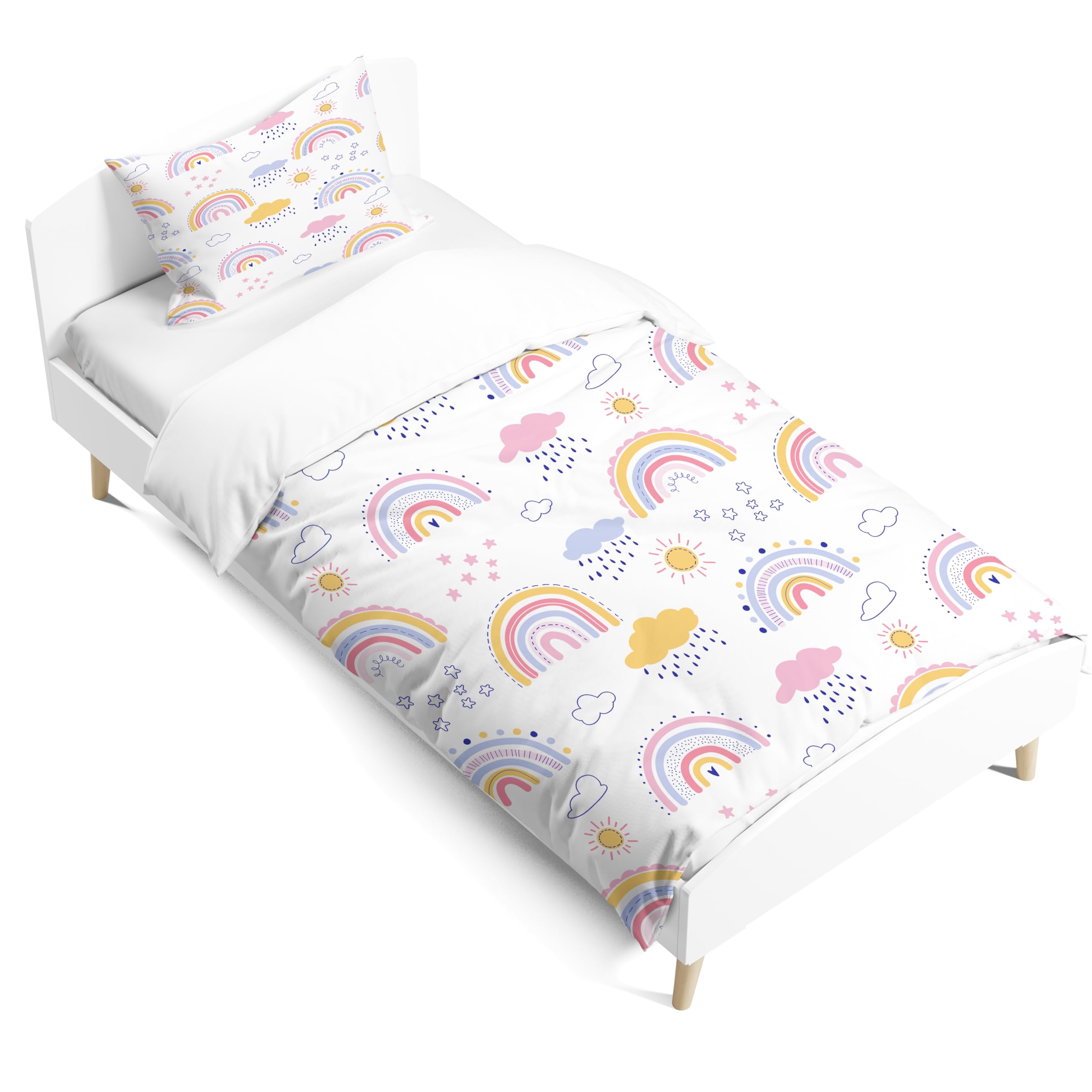 Zestaw pościeli dla dziewczynek w kolorach tęczy, poszewka na poduszkę 65x65 cm, poszwa na kołdrę 140x200 cm, pościel w stylu kreskówkowym z chmurami z łatwym do otwierania zamkiem