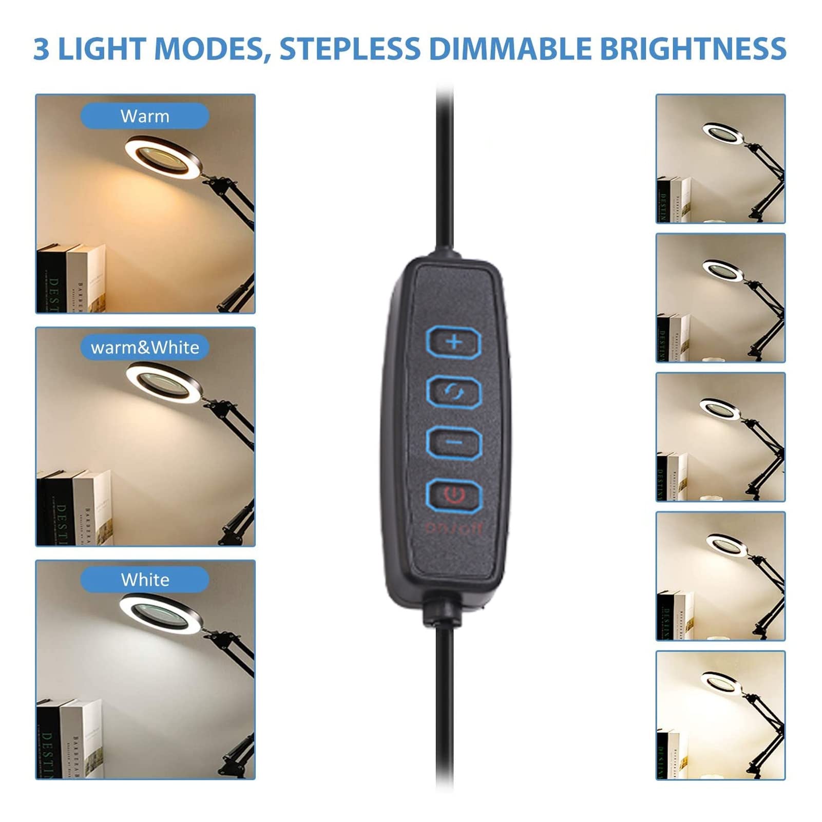 Focket Lente d'Ingrandimento 5X con Luce e Supporto, Lampada d'Ingrandimento LED a Braccio orientabile Regolabile, Lampada Tavolo dimmerabile, Luce banco per la Lettura Artigianale