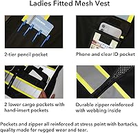 Vista 4 de Dib Safety - Chaleco para mujer con bolsillos, chaleco reflectante de malla de alta visibilidad, clase 2 ANSI hecho con cinta reflectante 3M, Negro
