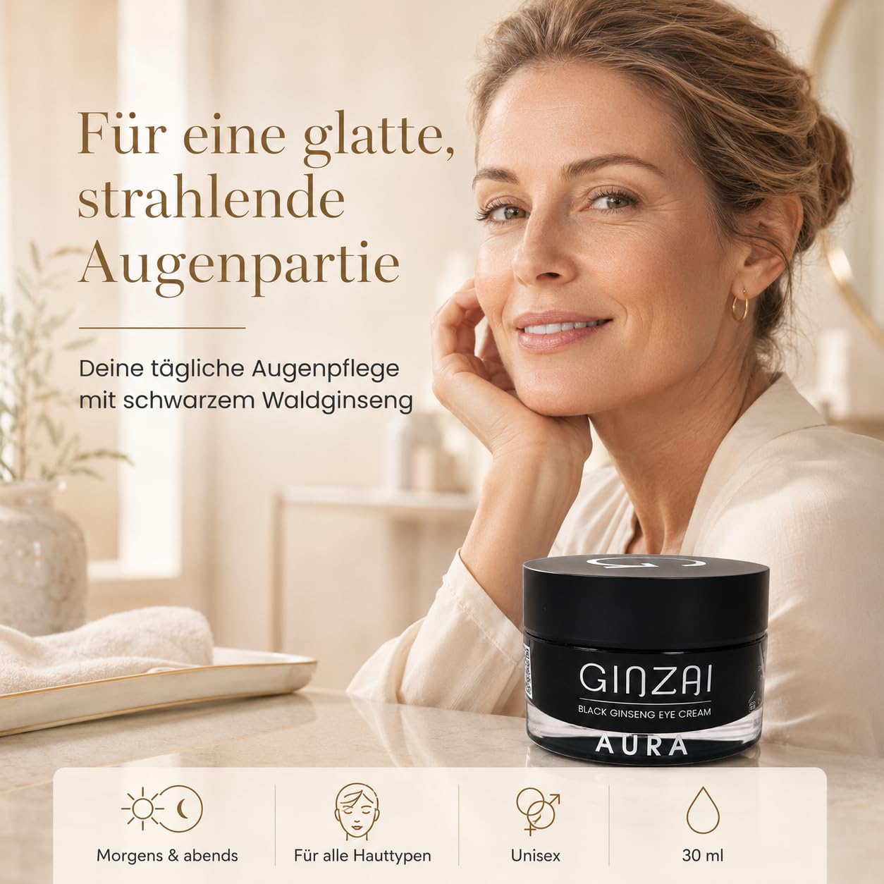 AURA - Crema rassodante per gli occhi con ginseng della foresta coreana nera, cura degli occhi anti-età contro rughe, occhiaie e gonfiore, con peptidi, squalano e burro di karitè, vegana, 30 ml