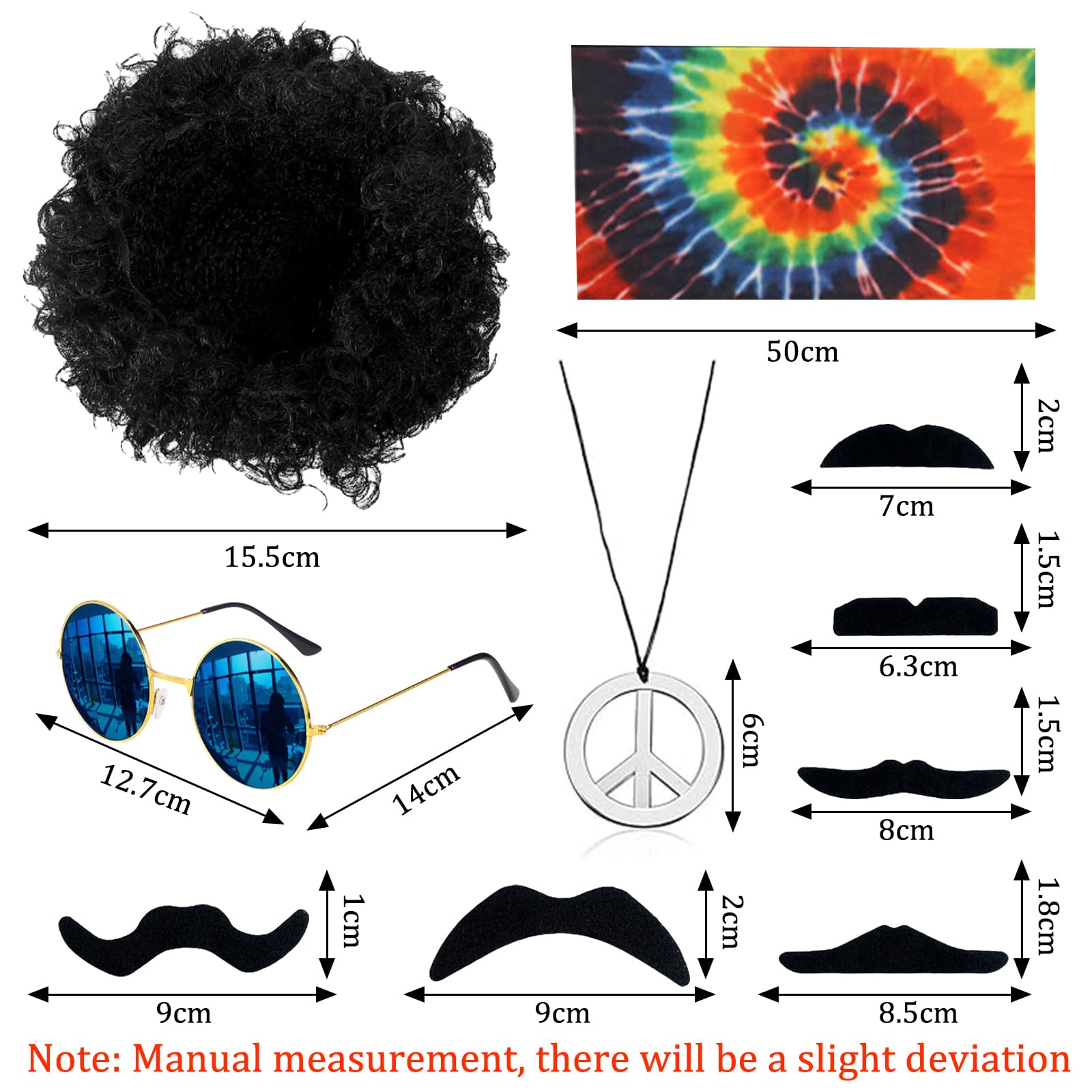 JSTHHTT Hippie Costume Set, Hippie Costume Accessories, Hippie Wig Set, Hippie Wig Sunglasses, Peace Sign Necklace, Moustache - Image 2