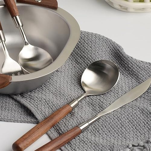 Miniatura 9 de Cubertería de acero inoxidable con mango de nogal macizo, cubiertos, cuchillos, tenedores, cucharas, cuchillo y tenedor para carne de hotel (4
