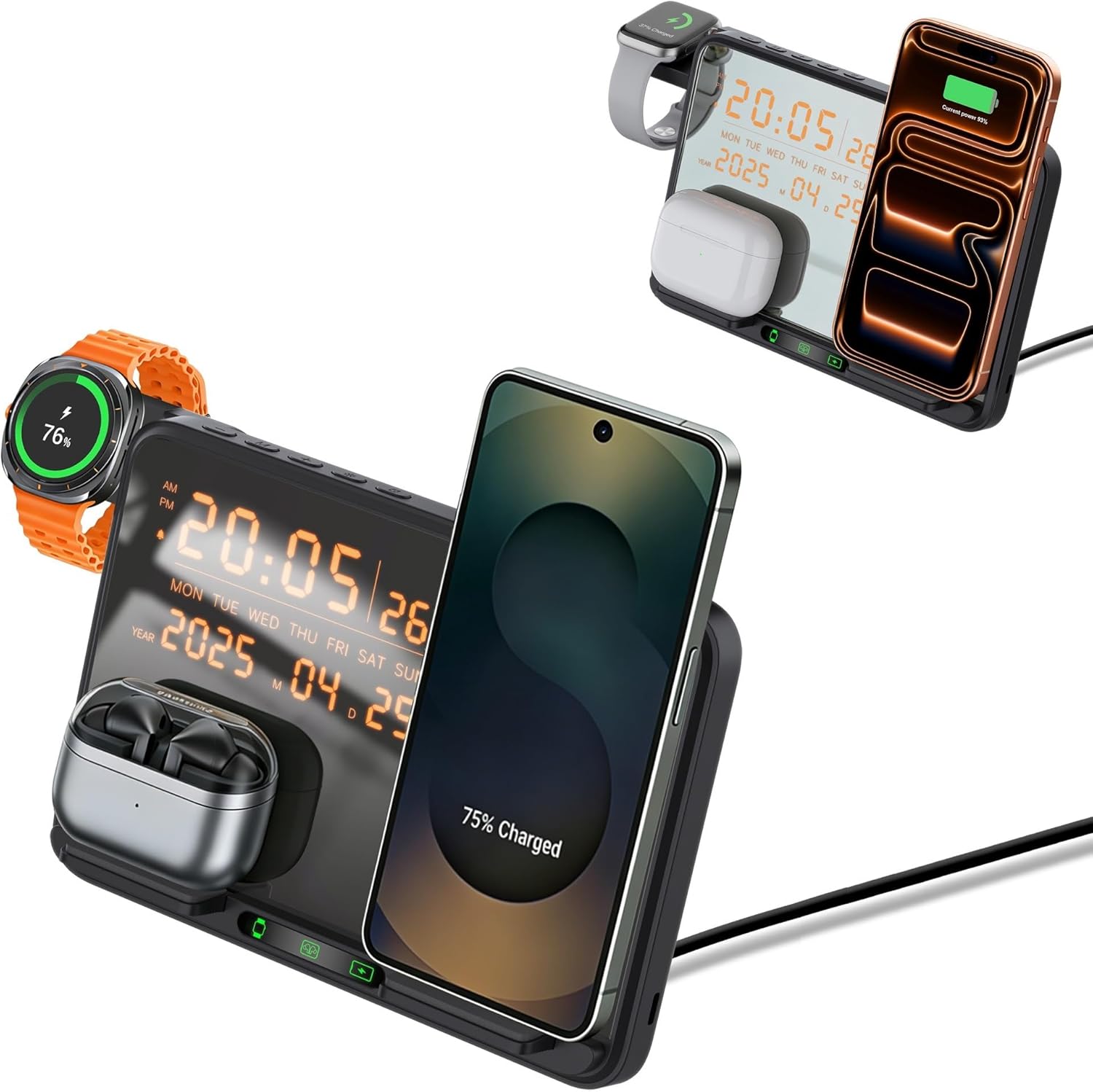 3 in 1 Wireless Charger Charging Station with Digital Alarm Clock Fast Charge for iPhone/Air Pods/Apple Watch Series,Samsung Galaxy Phones/Watch/Buds,LED Display with Temperature,Date,12/24H Clock