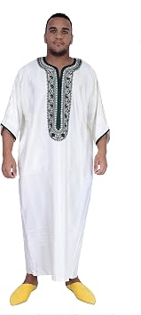 Moroccan Men Kaftan Handmade Thobe Long Gown White With Delicate Green Embroidery