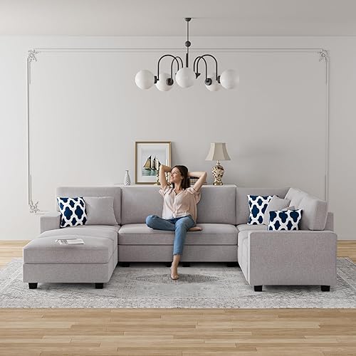 Miniatura 6 de Legend Vansen Sofá modular modular en forma de U con otomana, moderno sofá modular de esquina reversible para sala de estar (gris claro, sofá en