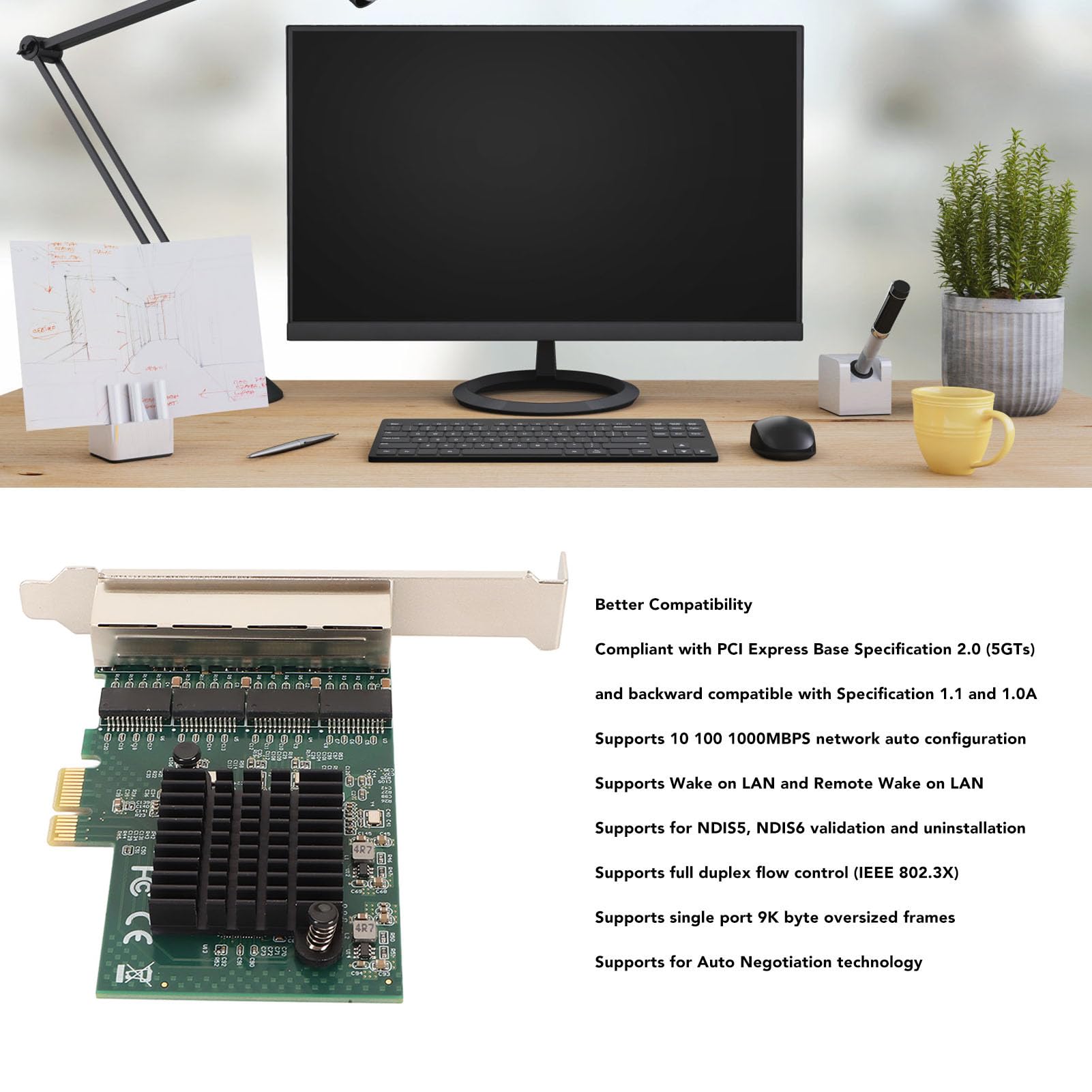Carte Réseau PCIe 4 Ports, Carte Réseau PCIe Gigabit pour Chipset Realtek 8111F, Carte D'interface Réseau Gigabit Ethernet PCIe X1, Carte Réseau Adaptateur Serveur NIC