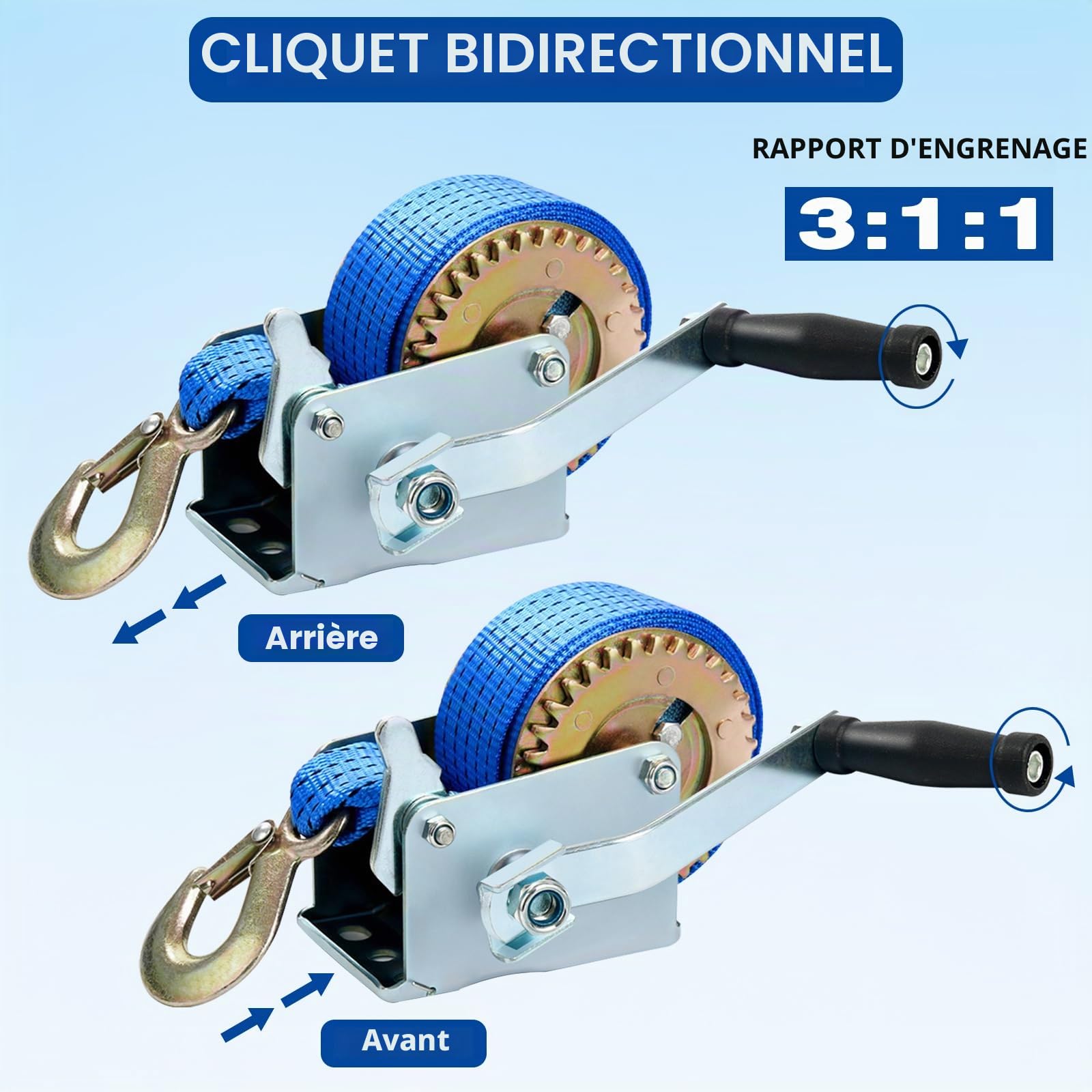 FreeTec Treuil Manuel avec Bleu Polyester Cordon à Bergung Treuil Bateau Treuil (6m 600lbs)