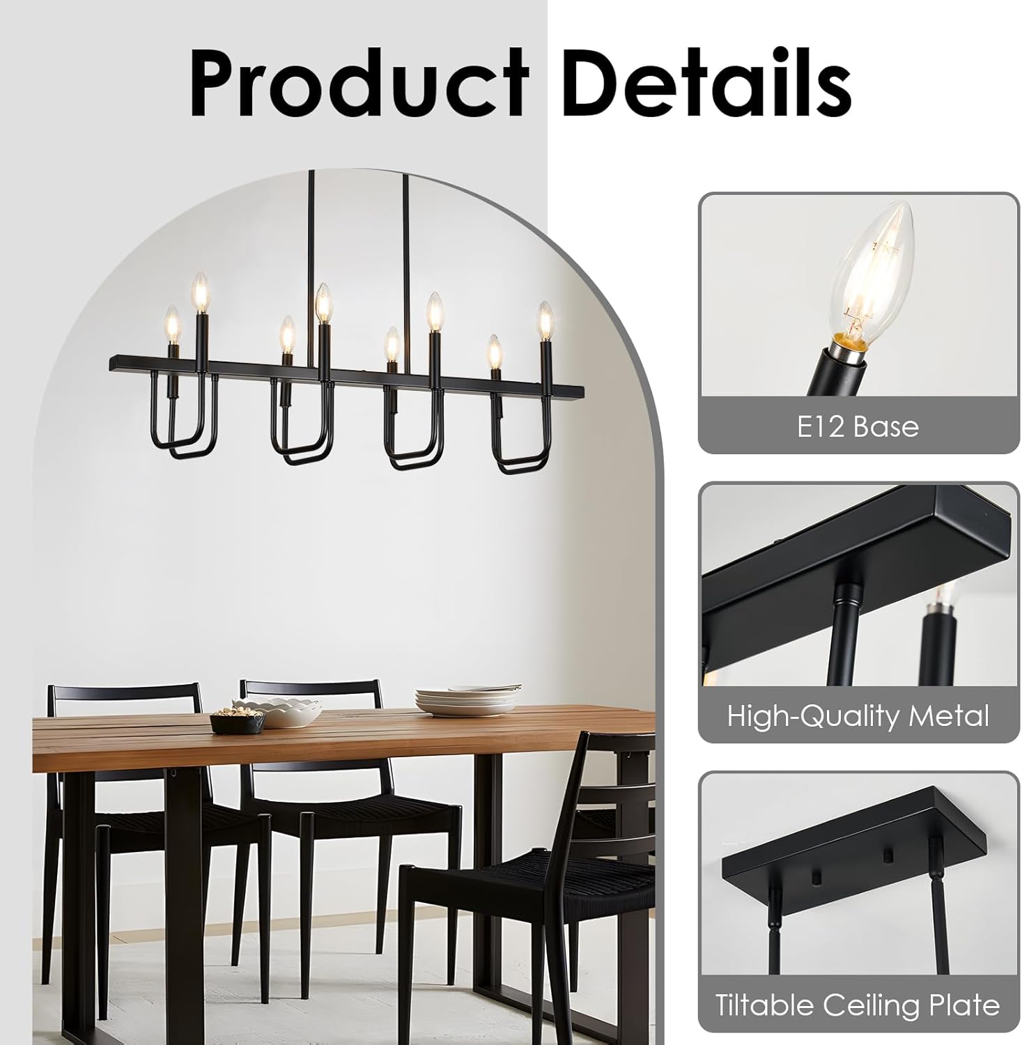 Rectangular Dining Room Light Fixtures Over Table, Modern Farmhouse Chandeliers for Dining Room, 8 Light Black Chandelier Linear, Island Lights for Kitchen