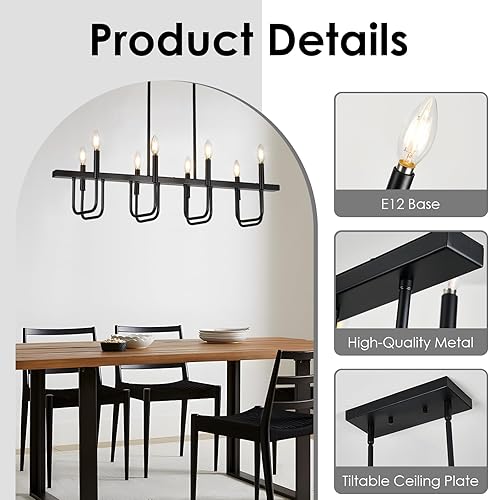 Miniatura 8 de Niloah Lámparas rectangulares para comedor sobre la mesa, modernos candelabros de granja para comedor, 8 candelabros lineales de color negro claro,