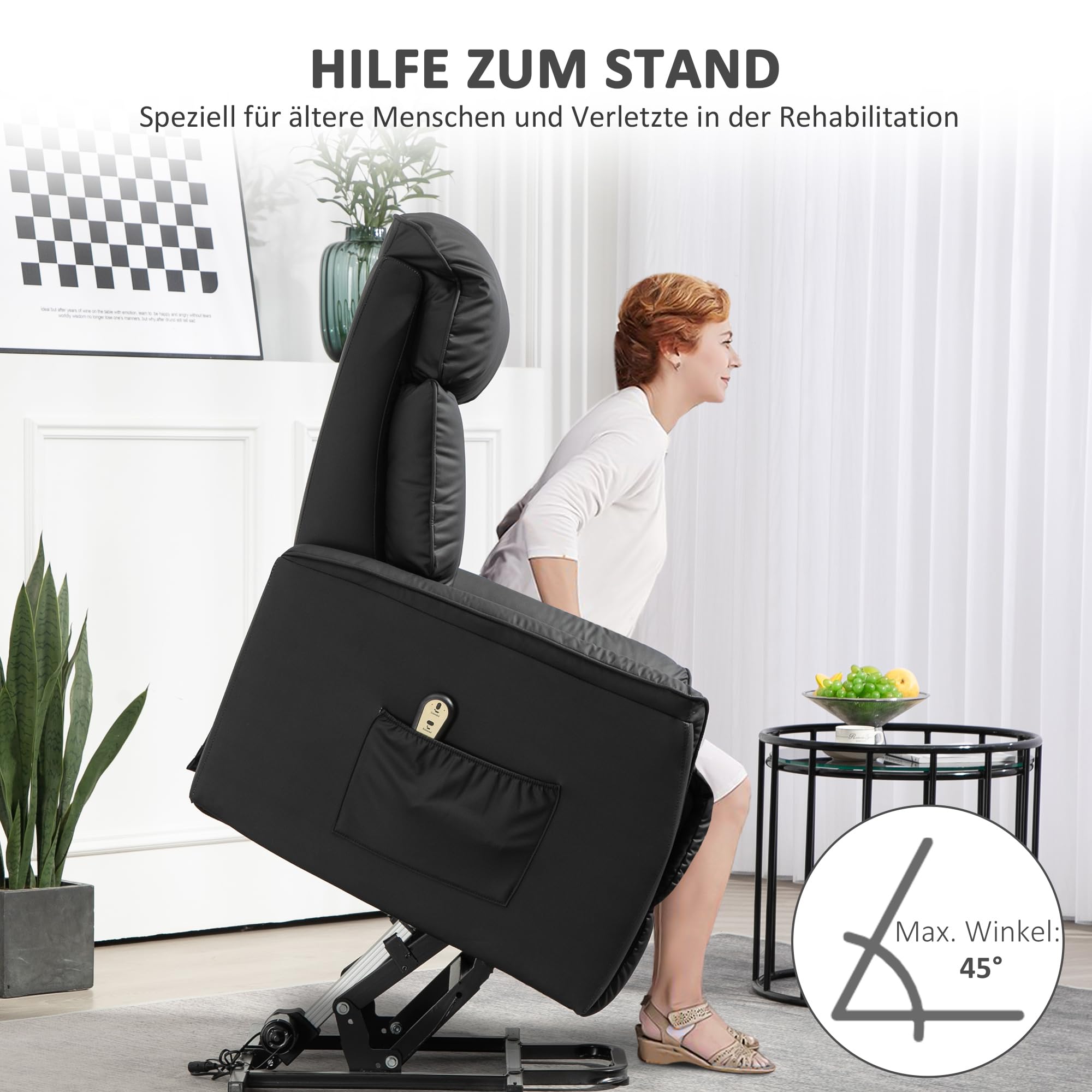 HOMCOM Relaxsessel Elektrisch Fernsehsessel mit Aufstehhilfe, Liegefunktion, TV Sessel mit Fußteil, Seitentasche, Fernbedienung, für Wohnzimmer, bis 150 kg, Kunstleder, Schwarz