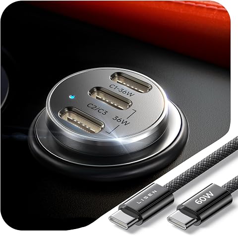 LISEN Smallest USB C Car Charger Fast Charge 3‑Port (36W PD/33W PPS/QC3.0)