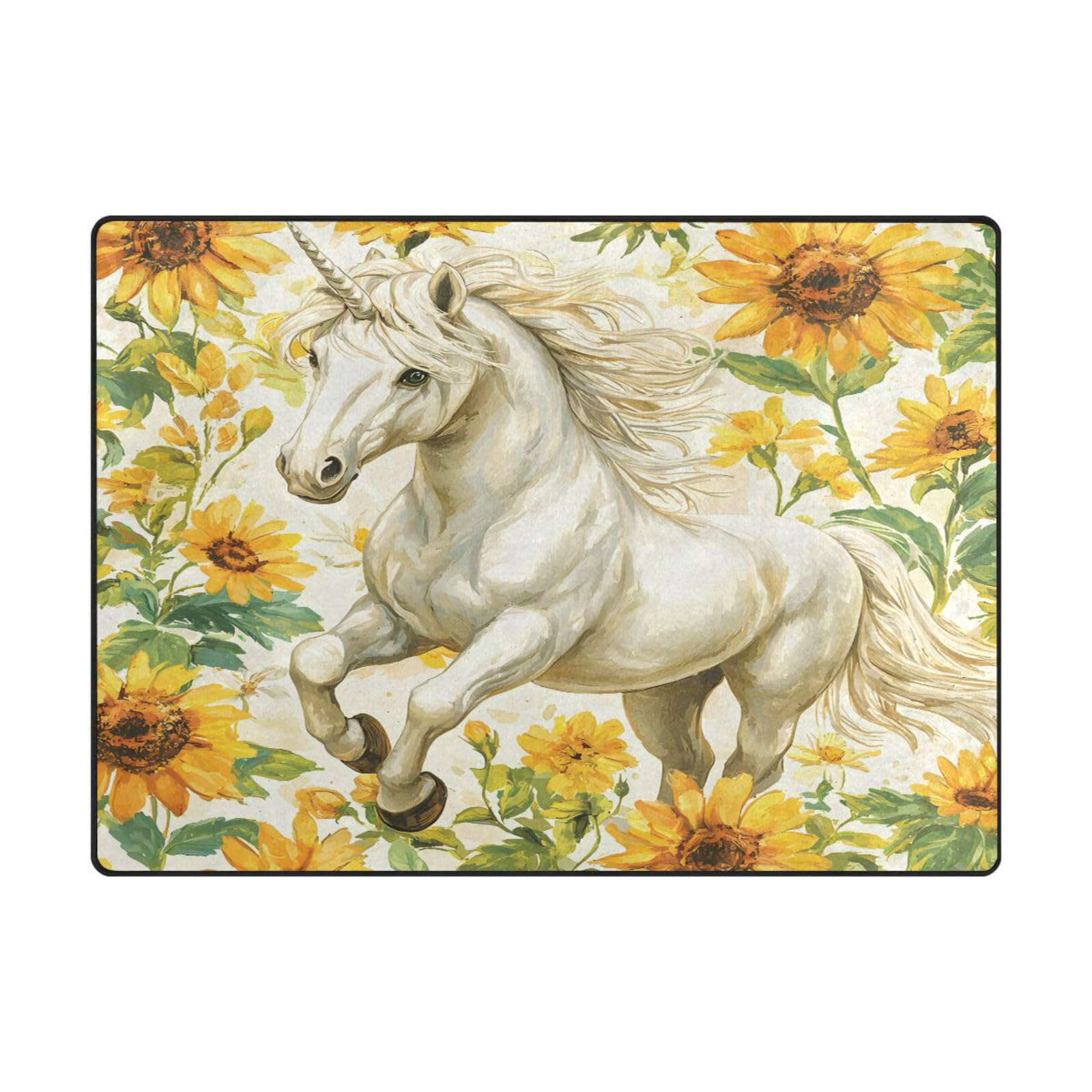 Grand tapis de sol contemporain motif licorne et tournesol textile doux 203x147 cm