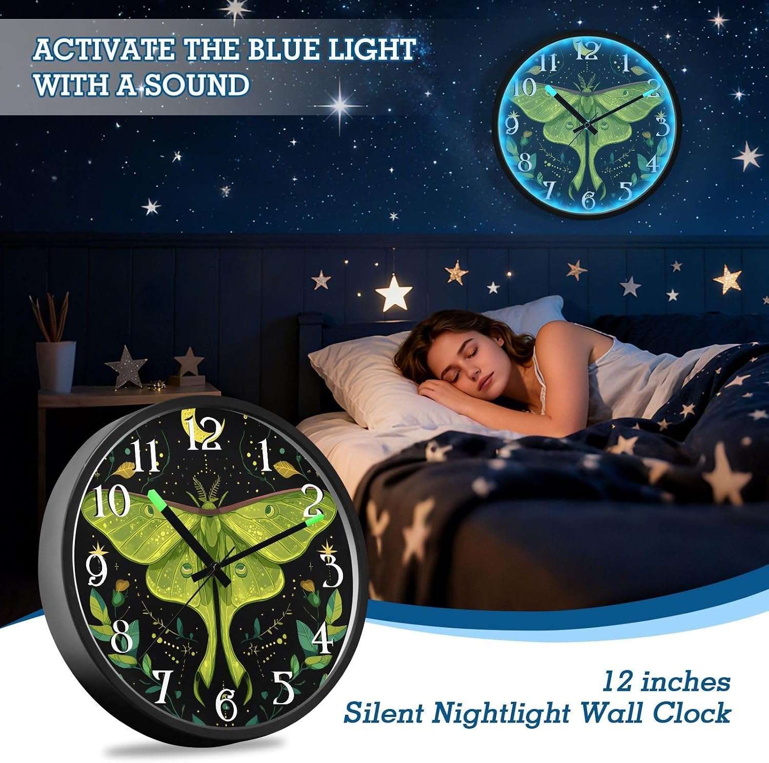 ALAZA Mystical Green Moon Moth Boho Clock Wall Clocks Glow in Dark Battery Operated Silent Wall Clock 12 Inch Non Ticking Night Light Clock for Bedroom