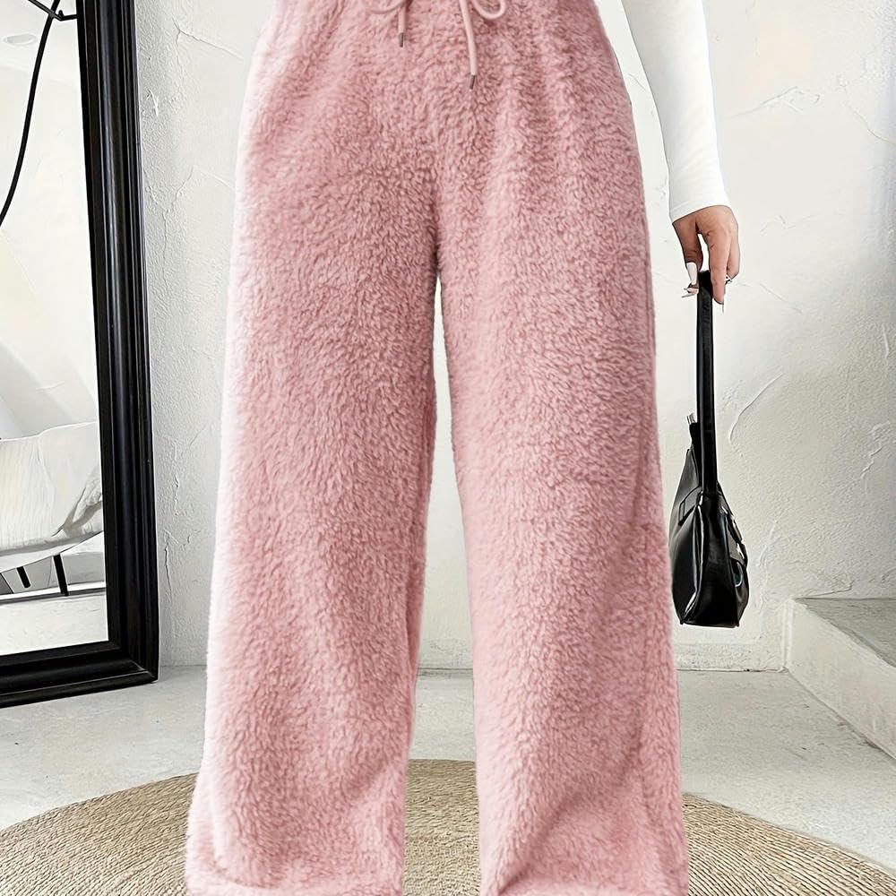 Pantalon Palazzo décontracté Grande Taille SYJYM en Polyester à Jambes Larges avec Cordon de Serrage, Tissu tricoté Long en Polyester de Couleur Unie