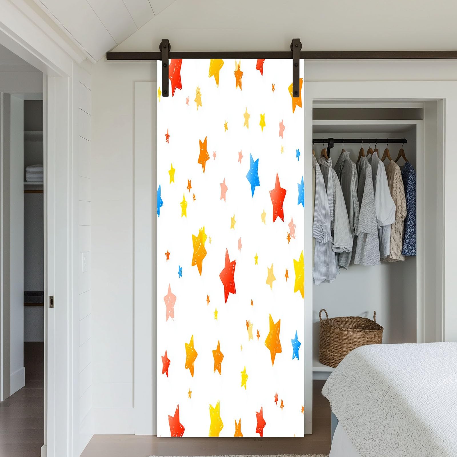 Tapeta na drzwi, samoprzylepna, kolorowe gwiazdy, plakat na drzwi, prosty styl, naklejka na drzwi, wodoszczelna, zdejmowana fototapeta, obraz ścienny, do salonu, sypialni, łazienki, 95 x 215 cm (szer