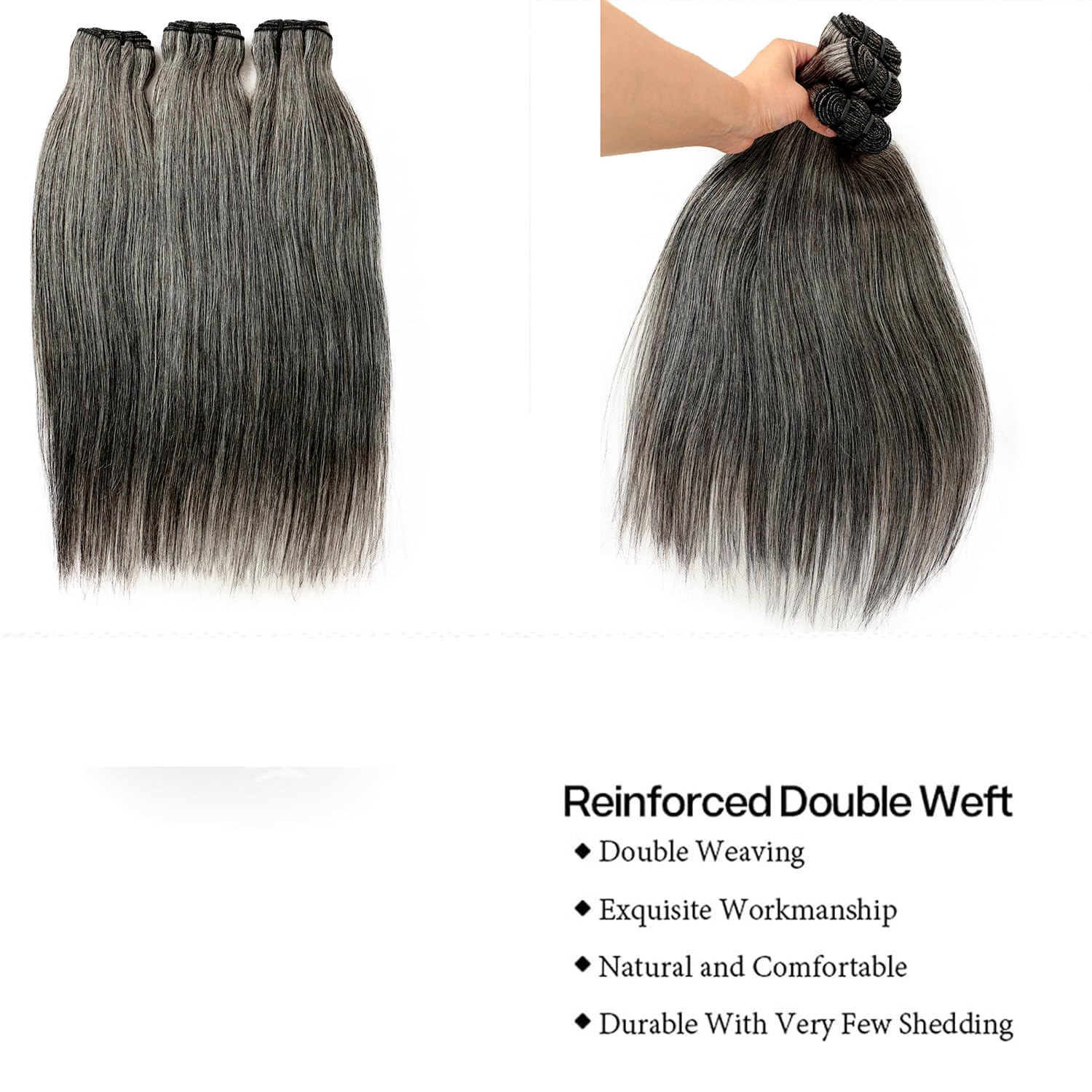 Salt and Pepper Bundles Human Hair 10 10 10 Inch Natural Gray-White Straight Bundles Human Hair 100% Unprocessed 12A Brazilian Hair Weave Extensions for Women