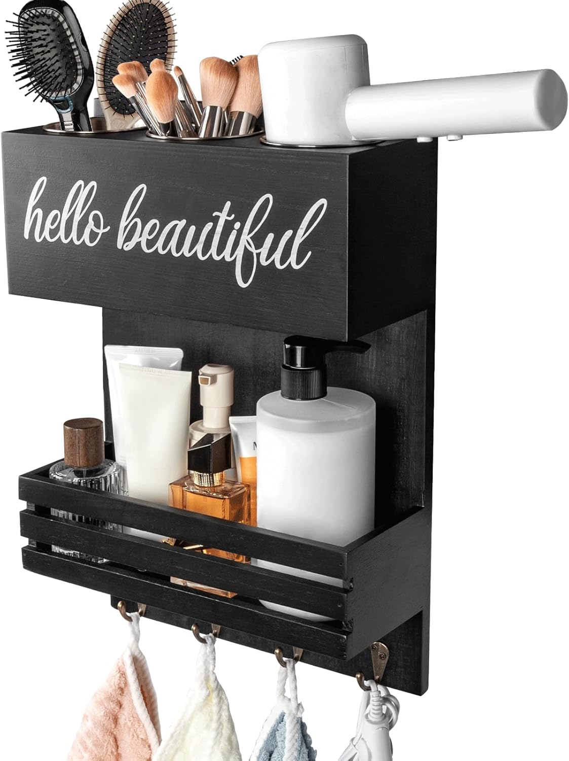 Wooden Hair Dryer Holder Wall-Mounted - 2 Tier Bathroom Storage Shelf Cosmetic & Hairdressing Tools Organizer for Bathroom Countertop/Vanity white