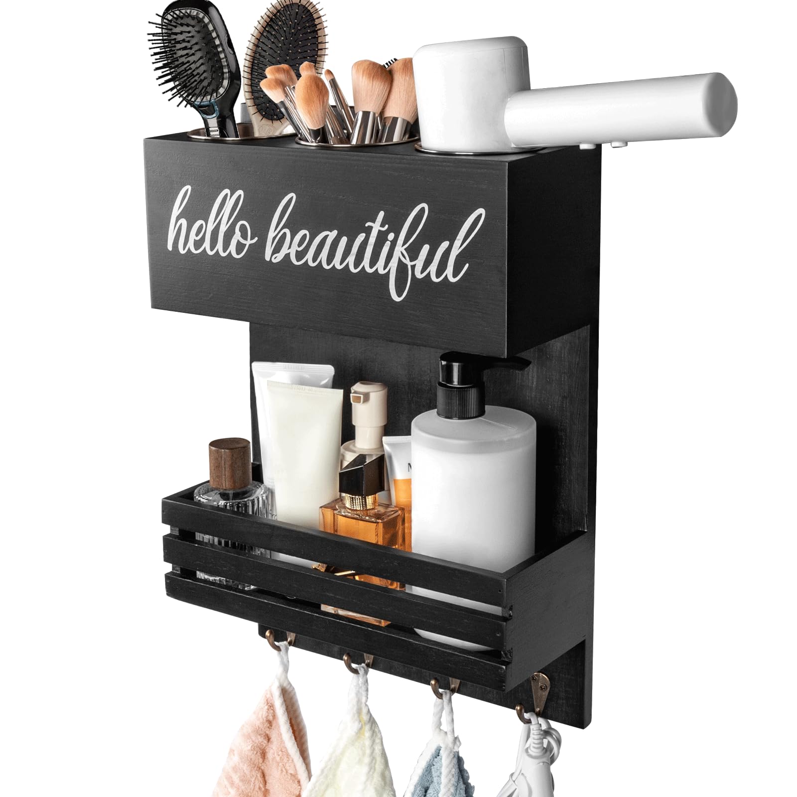 Portasecador de Pelo Madera - Organizador 2 Niveles para Planchas y Cosméticos del Baño,Organizador de Herramientas para el Cabello, Montaje en pared o Mostrador (Negro)