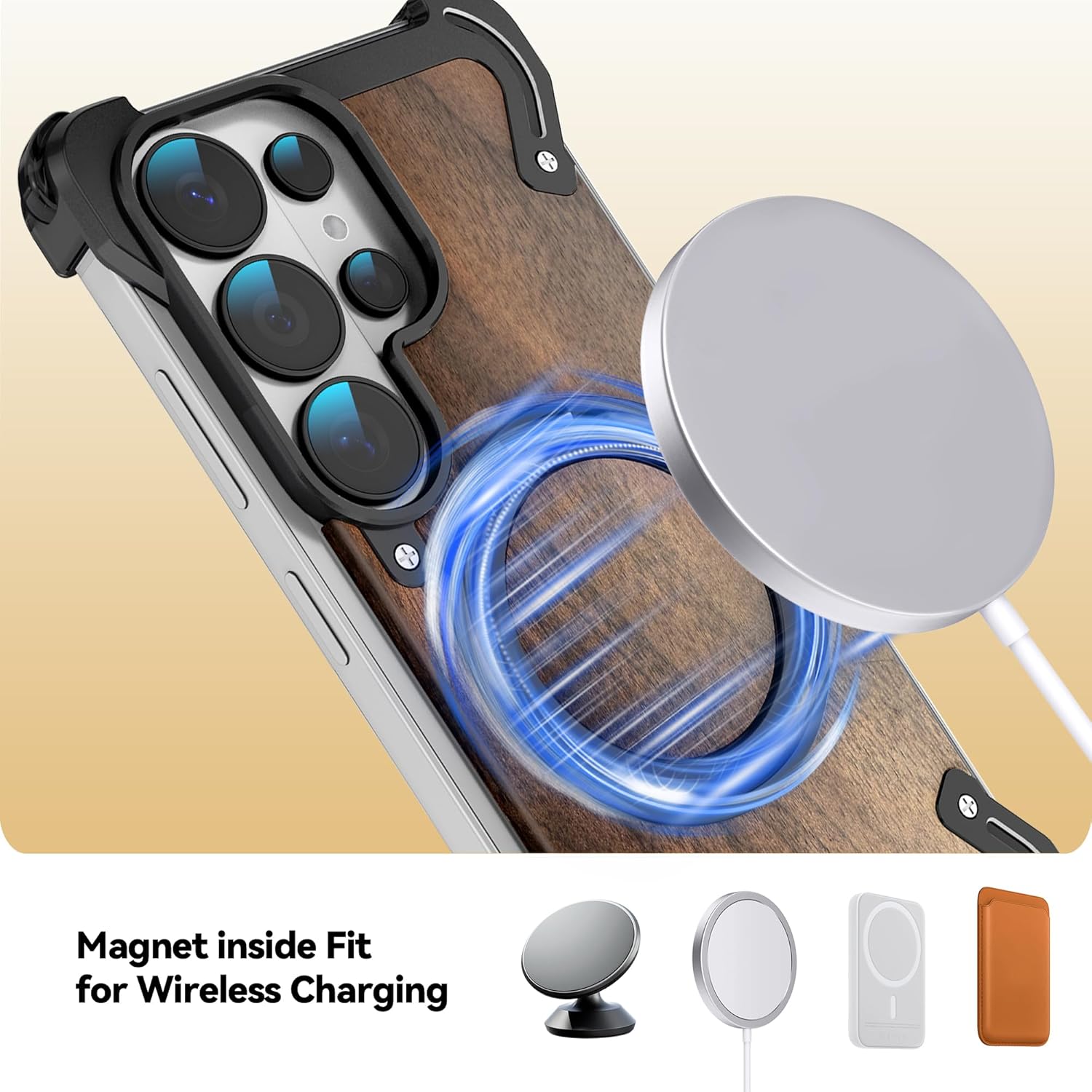 Walnut Wood Aluminum Bumper Case for Galaxy S26 Ultra, Magnetic Ring for Charging Mounts 360°Degree Rotating Stand Slim Frameless Edge Shockproof Corner Cushion Camera Guard, [MW Black]