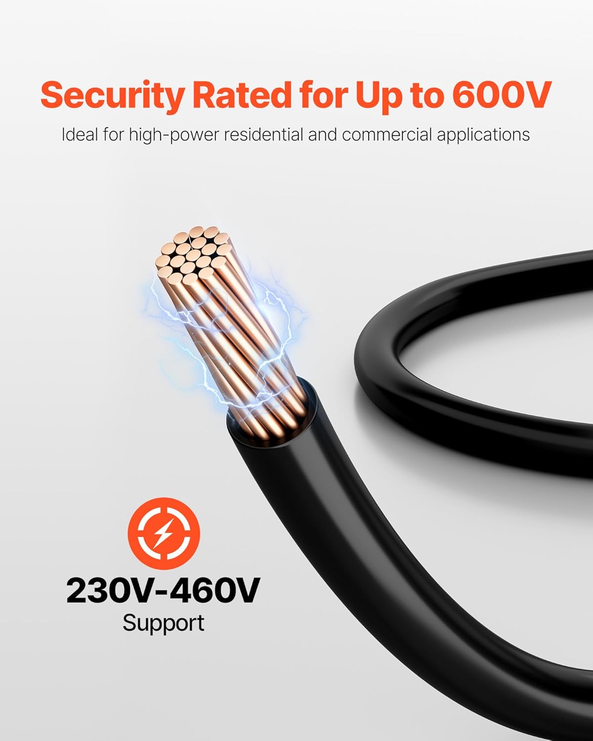 VEVOR 3 AWG THHN Wire, 19-Stranded, 100% OFC Copper Electrical Building Wire with Nylon Jacket, Rated for Up to 600 Volts, for Indoor & Outdoor Use, Commercial, Industrial, Residential, Black (50 ft)