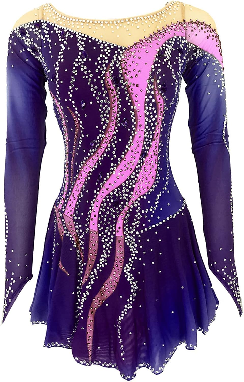 Figure Skating Dress Women, Girl Dresses Skating Long Sleeve Dance Competition Training Performance Clothing,Purple,10Years