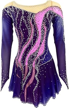 Figure Skating Dress Women, Girl Dresses Skating Long Sleeve Dance Competition Training Performance Clothing,Purple,16Years