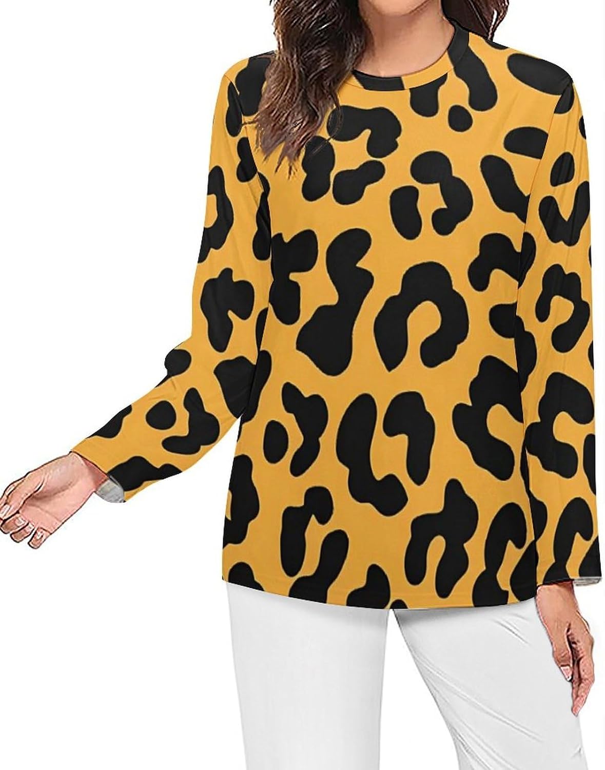 Leopard Pattern Women's Pajama Top Sleepwear Pajamas Sleep T-Shirt Long Sleeve Shirt Crewneck Tee