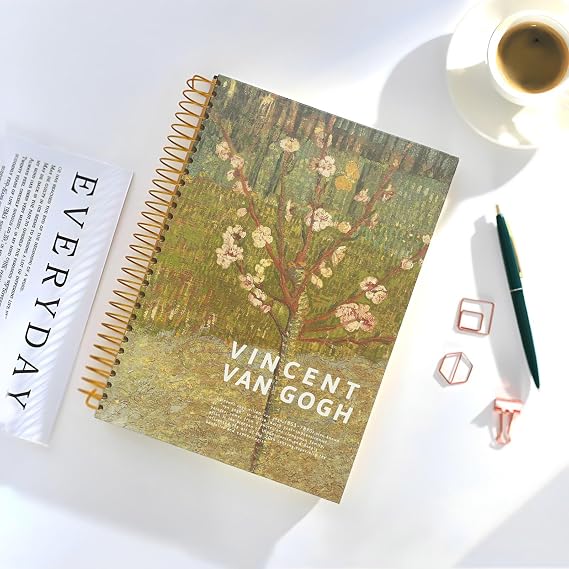 Large Spiral Notebook, B5, 8x10, Hardcover Journal, Lay Flat, Thick Notebook, 300 Page Journal, Lined Journal Notebook, Wide Ruled, Vincent Van Gogh Gifts, Almond Tree in Blossom, Green