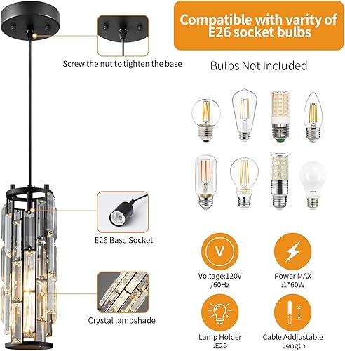 Miniatura 9 de LMQNINE - 3 luces para iluminación colgante color negro, lámpara colgante moderna, mini candelabros de cristal, lámpara colgante ajustable para