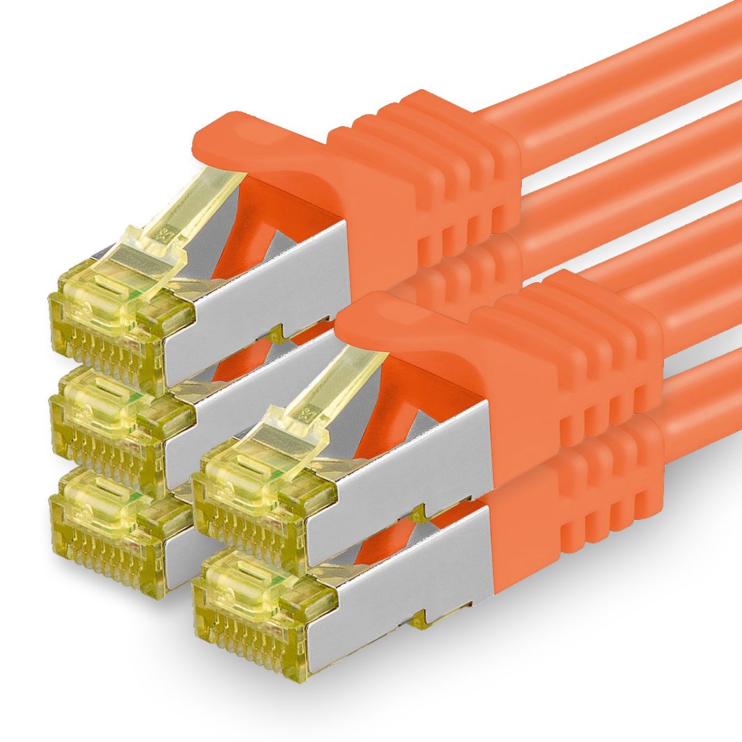 1aTTack.de Cat.7 Patch Cable Set S/FTP (PiMF) Ethernet LAN Network Cables 10 Gigabit/s High Speed 600 MHz with Locking Protection Halogen-Free (LSZH) Orange - 5 Pieces 0 25m