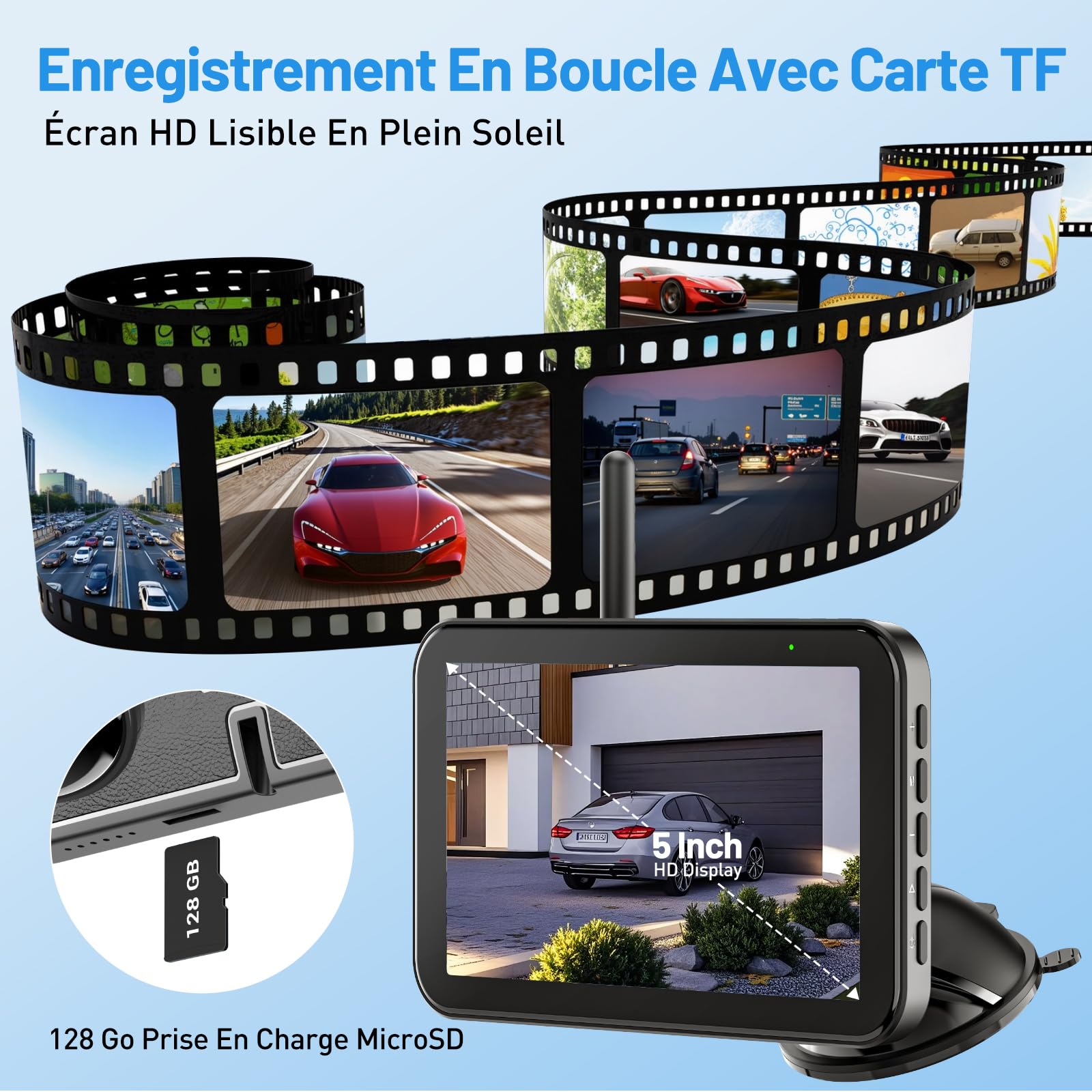 5" Caméra de Recul sans Fil Solaire, 2 Mins Installation Facile | Caméra de Recul Kit IR Vision Nocturne, IP66 Imperméable, Signal Numérique Stable, pour Fourgon/Camion Car/RV/SUV/Remorque