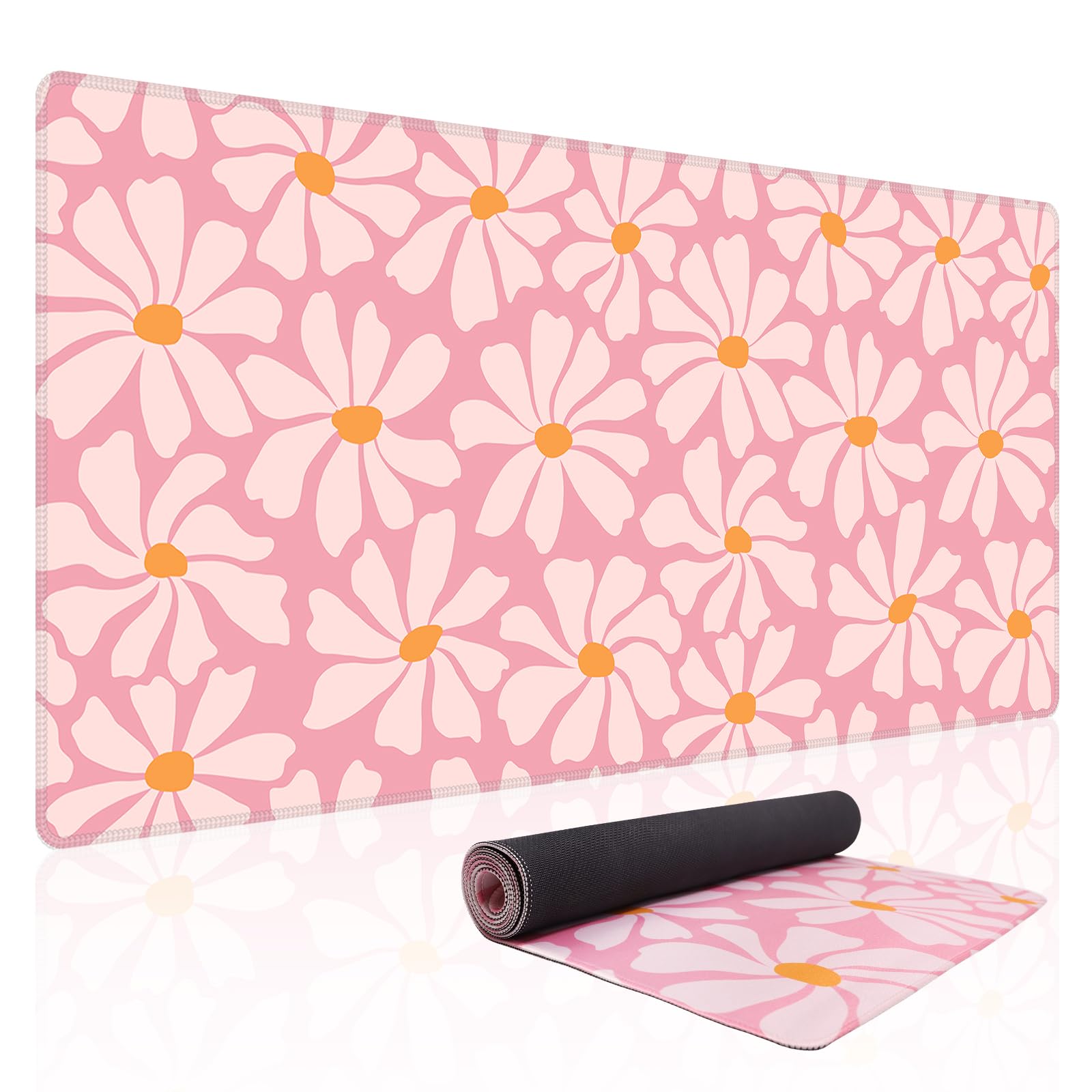 Baziabbo Alfombrilla de escritorio rosa, XXL extendida grande, alfombrilla de mouse para juegos con borde cosido, base de goma antideslizante para teclado para el hogar, oficina, juego de estudio