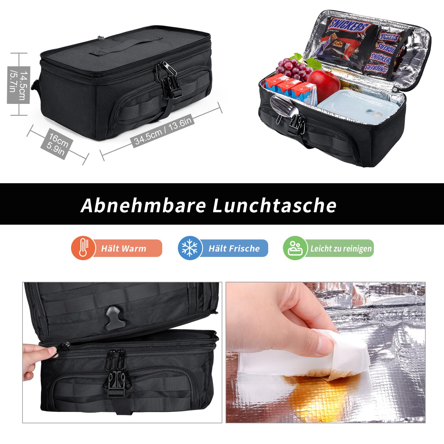 BERTASCHE Zaino Lunch per computer portatile da 17 pollici, con borsa frigo, zaino da lavoro 2 in 1, per uomo, lavoro, università, picnic, Molle, militare, nero, Nero