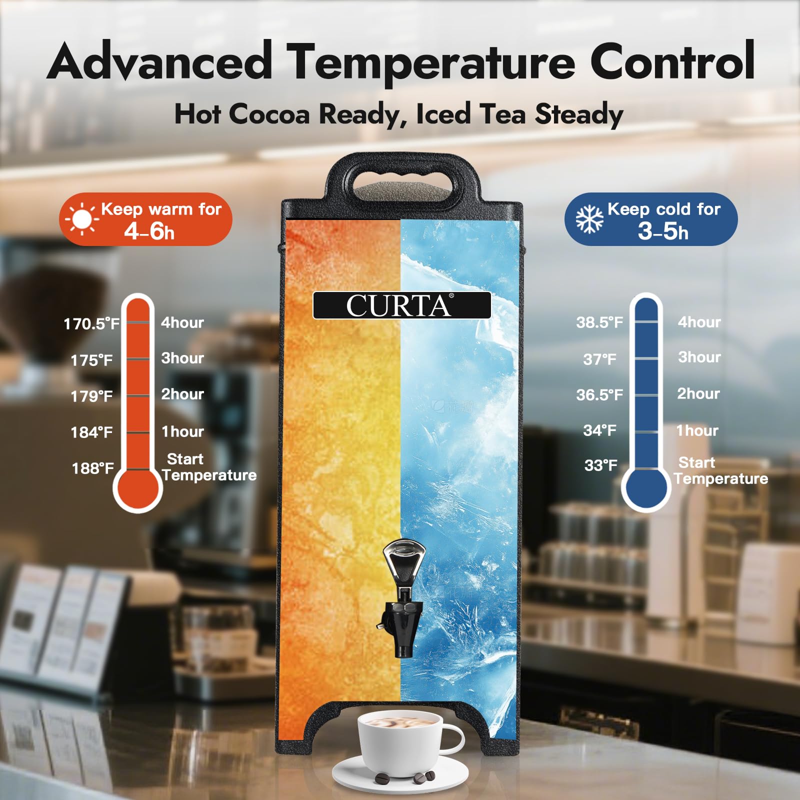 Condition photo showing New/Like New for curta 5-gallon insulated beverage dispenser- hot and cold drink container with ergonomic handle, stand & leak-proof lock, commercial drink pitcher for coffee, juice, lemonade, parties,events