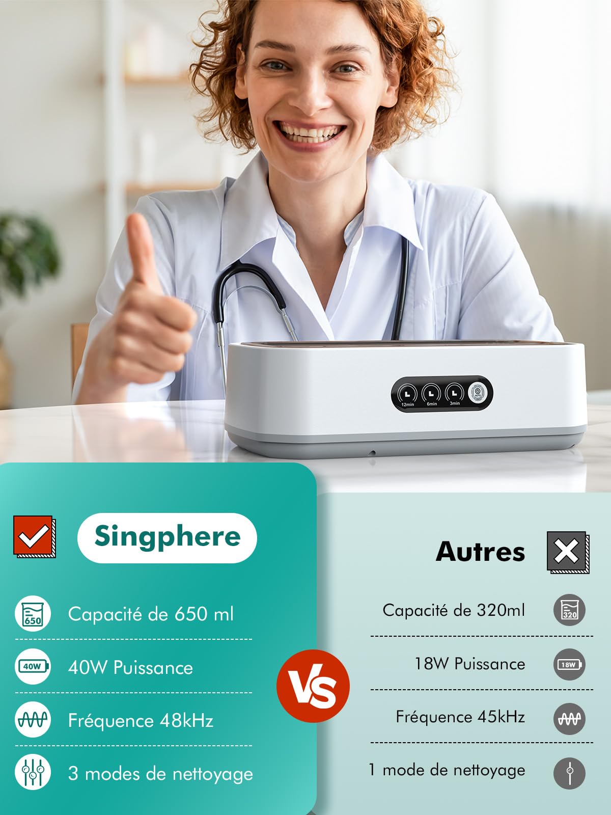 Nettoyeur Ultrasons, 48 kHz, 650 ml Nettoyage en Profondeur à 360°, Fonctionnement à une Touche avec, Convient pour le Nettoyage des Lunettes, des Bijoux et des Prothèses Dentaires