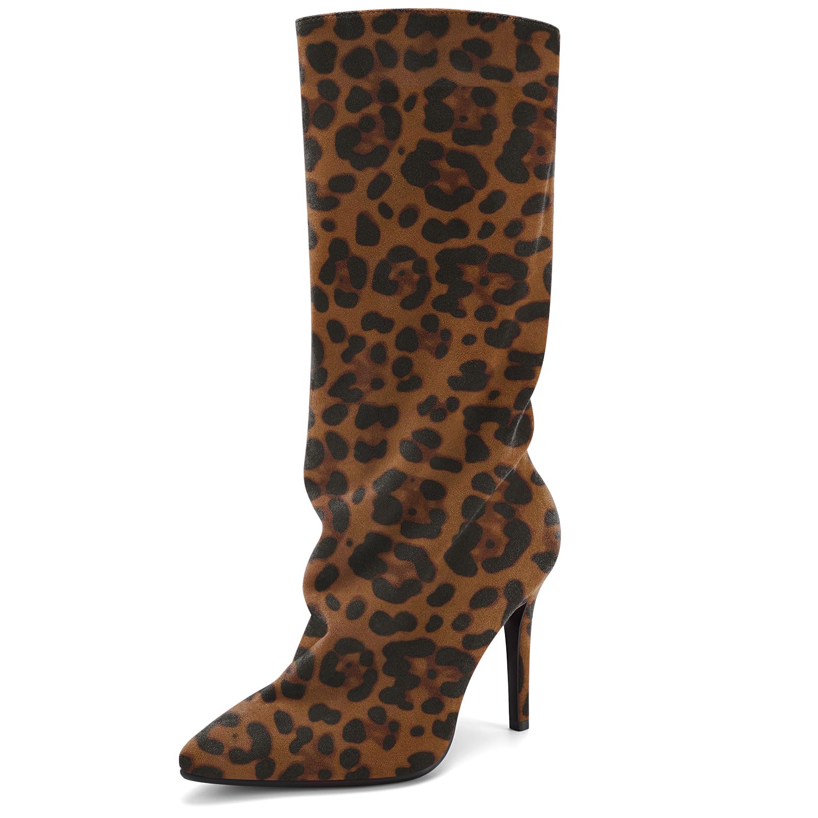 Womens Slouchy Mid Calf Boots Black Long Pull on Boot Stiletto Heel Pointed Toe Shark Boots for Ladies
