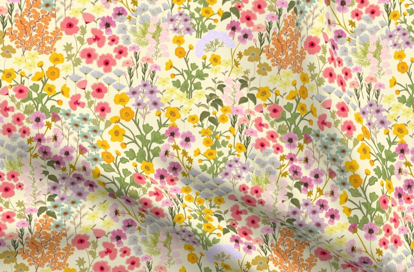 Spoonflower Fabric - Buttercup Meadow Romantic Floral Cottagecore Wildflower Botanical Printed on Petal Cotton Fabric Fat Quarter - Sewing Quilting Apparel Crafts Decor