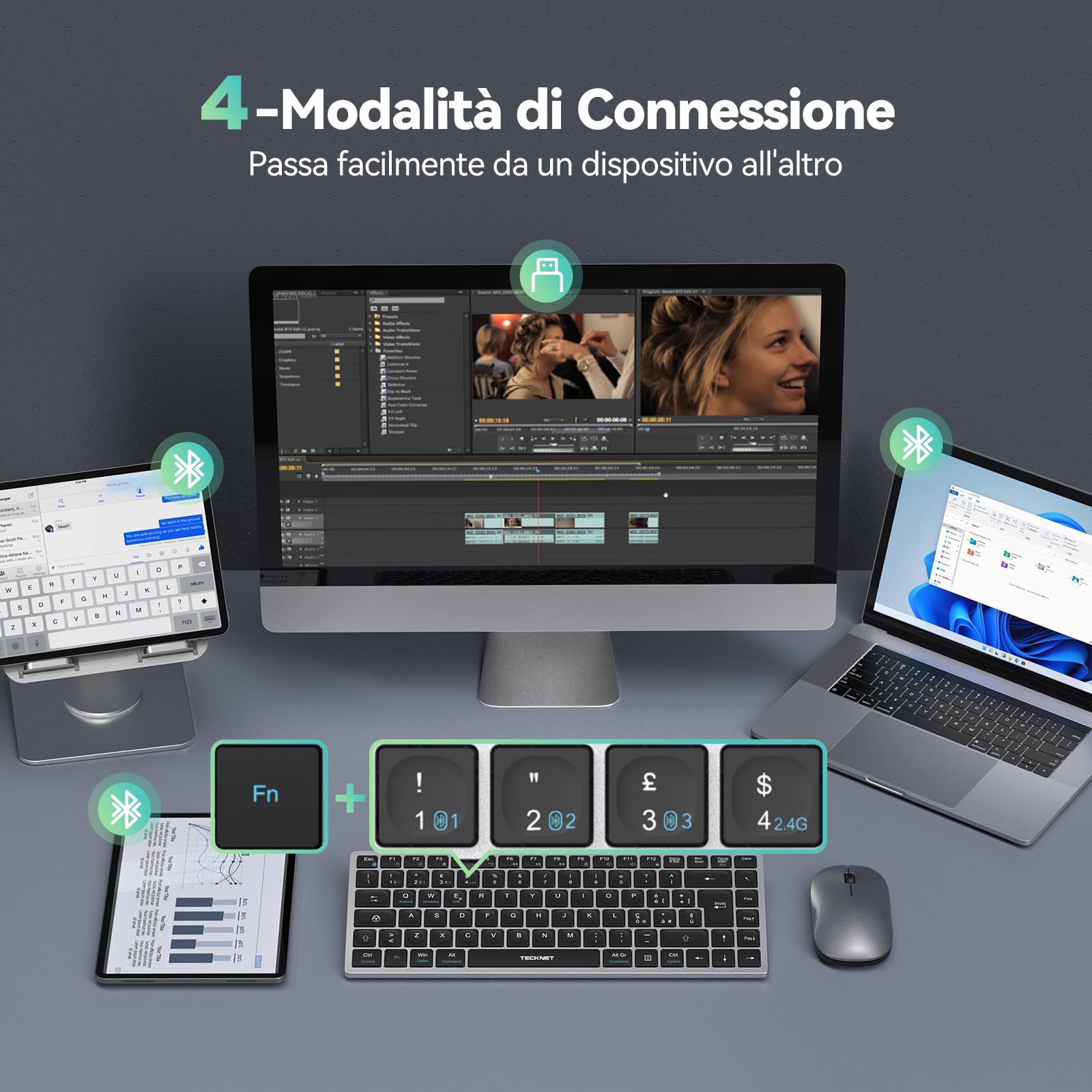 TECKNET Tastiera Bluetooth Ricaricabile, 4-Dispositivo (2.4G USB+3 BT), Mini Tastiera Wireless Italiana, Easy-Switch per Windows, MacOS, iOS, Android, Samsung Tablet, Smart TV, Italiano Layout QWERTY