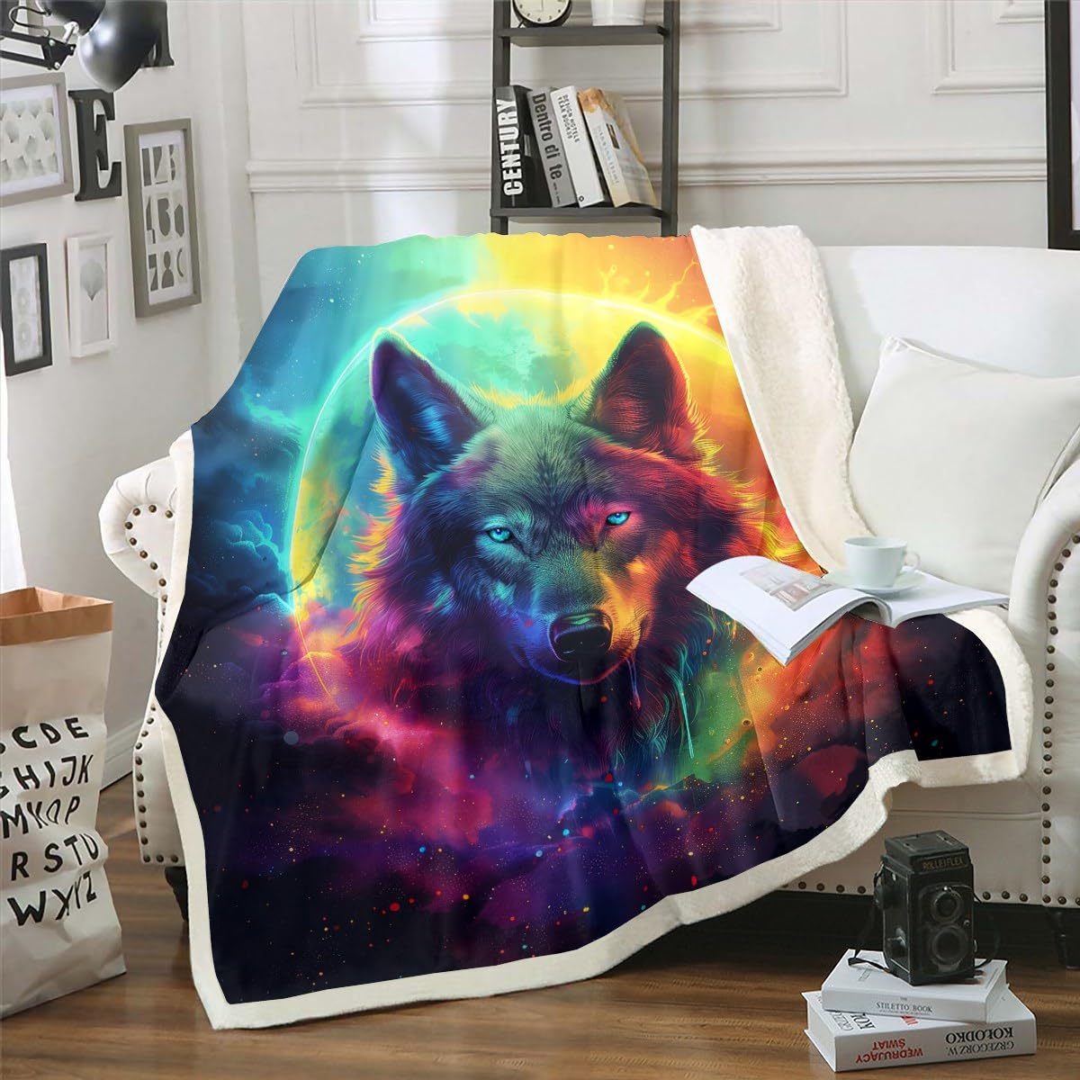 Exotic Wolf Blanket Rainbow Starry Sky 60"x80" Throw Blanket for Boys,Galaxy Fleece Blanket Glitter Moon Gothic Bed Blanket,Western Woodland Wild