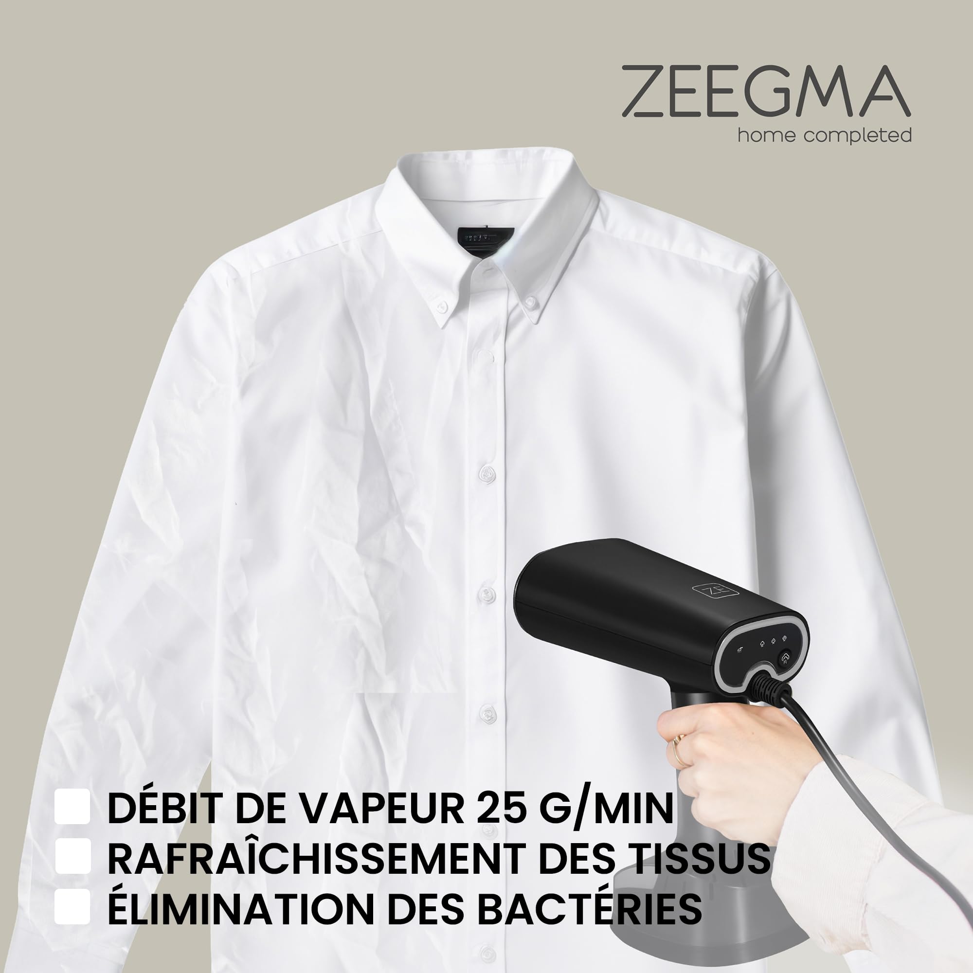 ZEEGMA FRISKEER 2 en 1 Défroisseur Portable pour Vêtements, Fer à Vapeur 1640 W, 380 ml Débit de Vapeur 25 g/min Chauffage Rapide en Toute Sécurité pour le Tissu Repassage Horizontal et Vertical